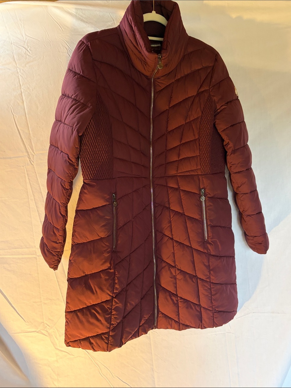Bernardo Long Quilted Puffer Coat in Burgundy